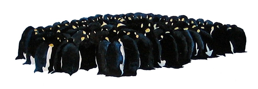 Painting of a huddle of emperor penguins