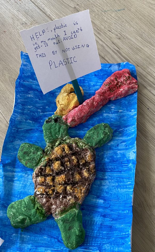 Salt dough sculpture of turtle and plastic, a sign reads 'help! plastic is in my mouth. I can't get it out. Avoid this by not using plastic'