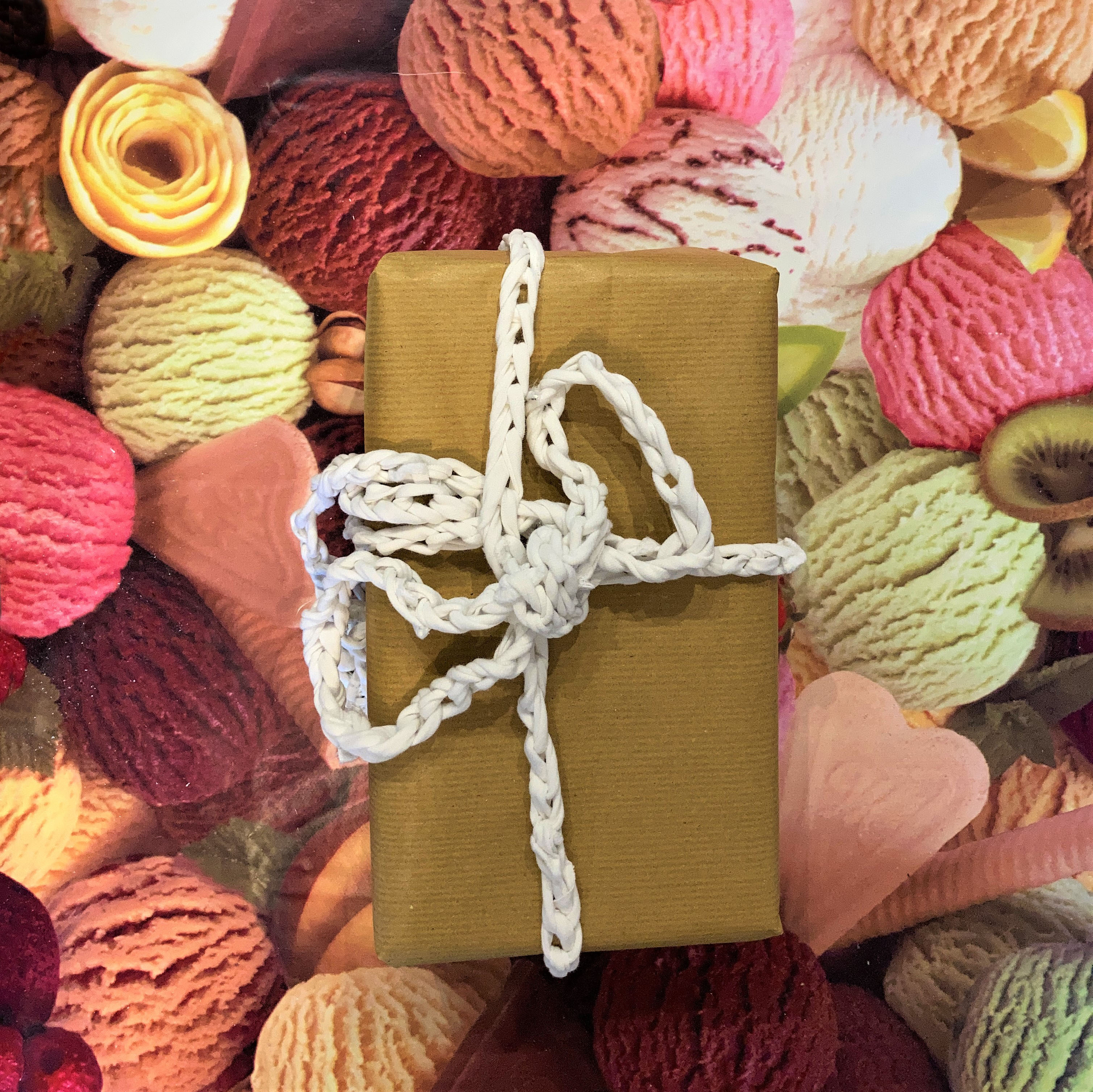 Parcel wrapped with crochet chain
