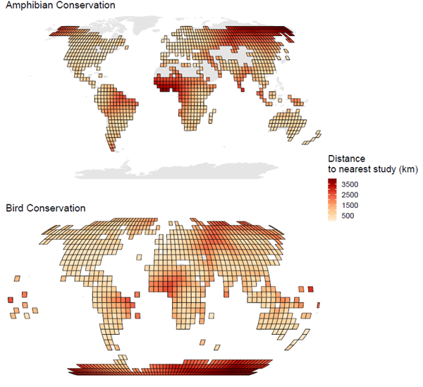 Maps showing distance to the nearest study from 1000 points spread across the world.