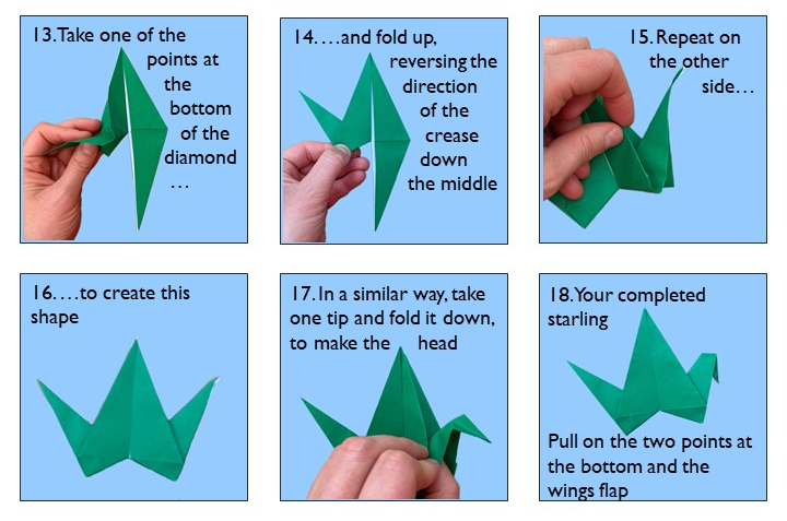 Instructions for origami bird steps 13-18