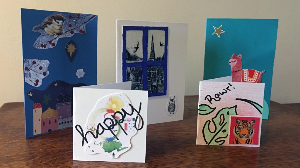 Greetings cards created using old cards and collage