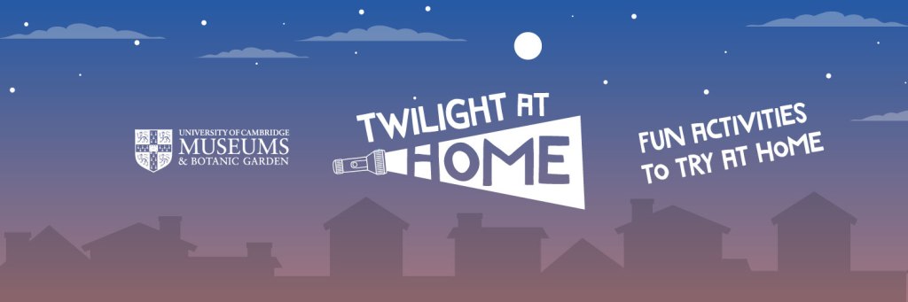 'Twilight at home' on a background of house silhouettes. Colours fade from purple at the bottom to blue at the top and include a white moon, stars and faded white clouds