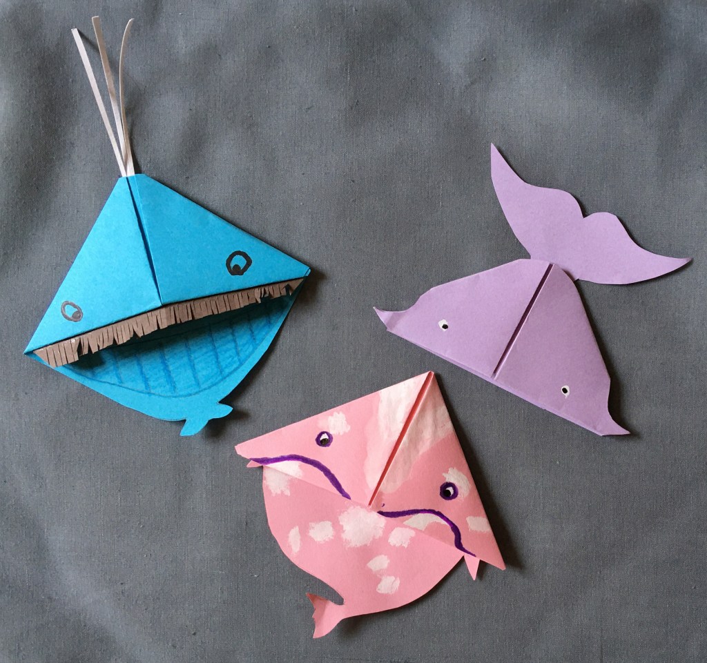 Blue, purple and pink whale bookmark examples