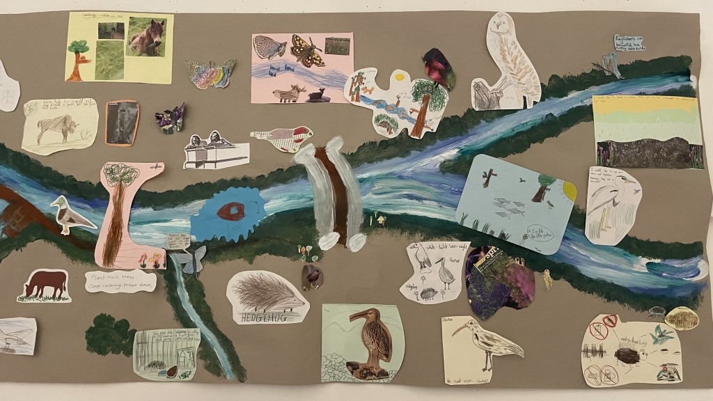 Gollage with painted river and images of wildlife