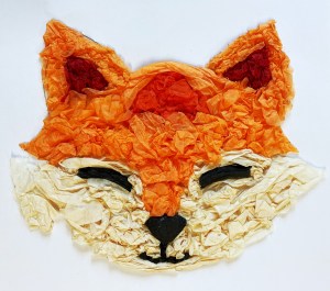 Collage of the head of a red fox made from tissue paper