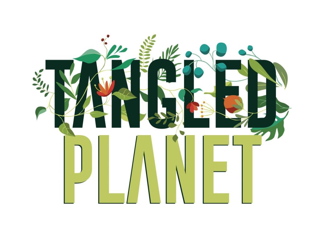 Logo saying Tangled Planet in green intertwined with vines and flowers