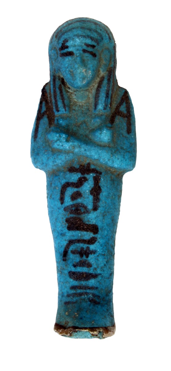 Small blue Egyptian figurine with arms crossed and black details