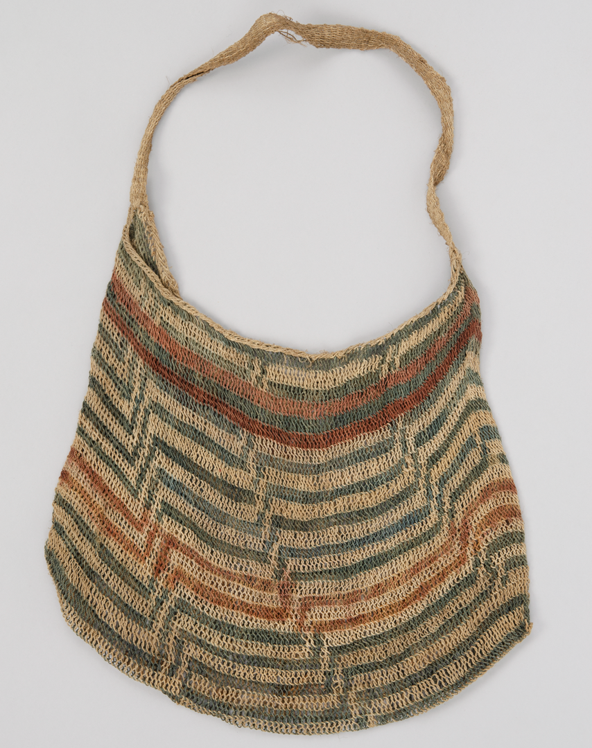 String bag with stripes of orange and blue-green, with long strap at top