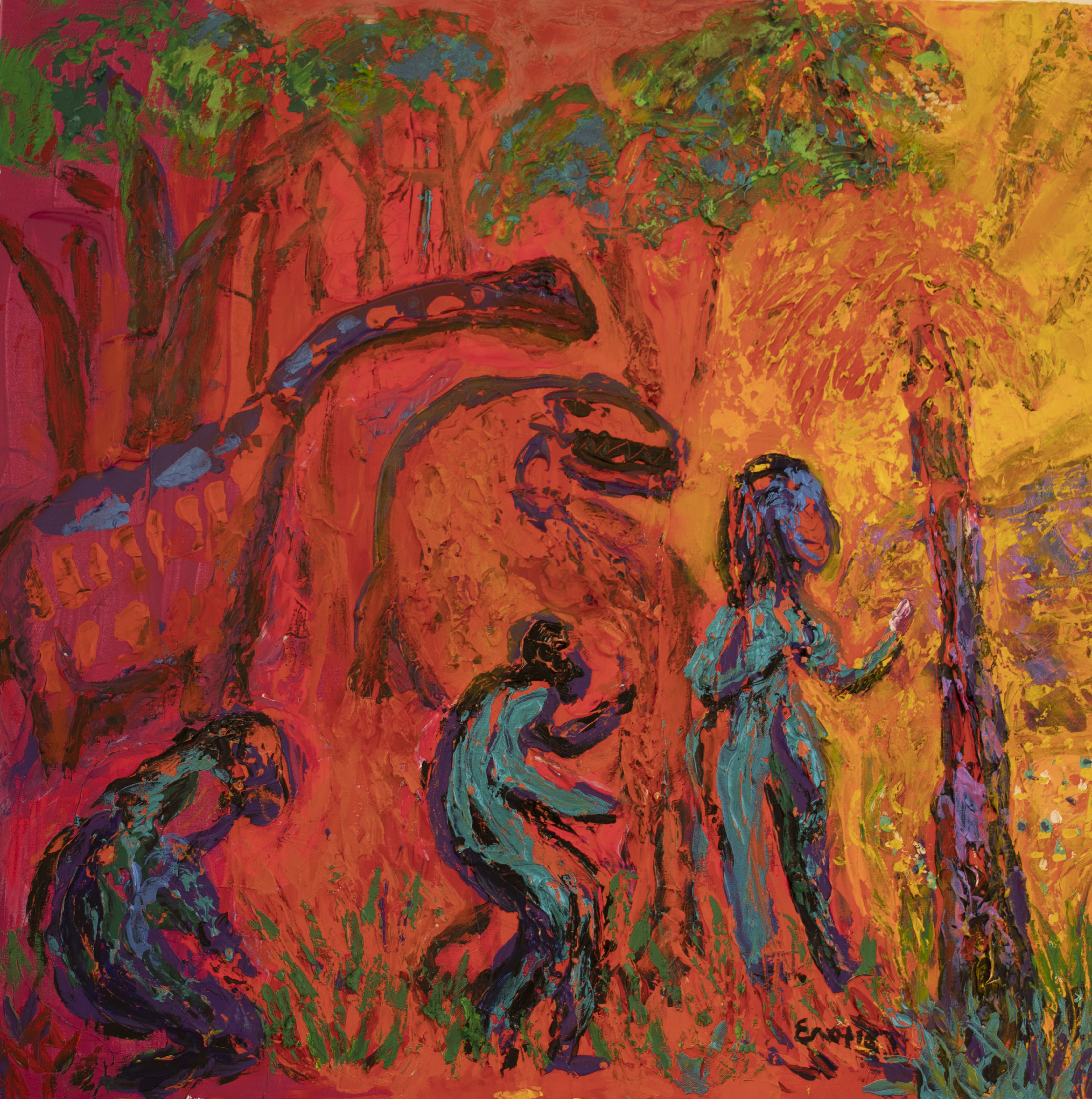 Painting with red and orange background, trees in teh distance, animal outlines, and in front human figures