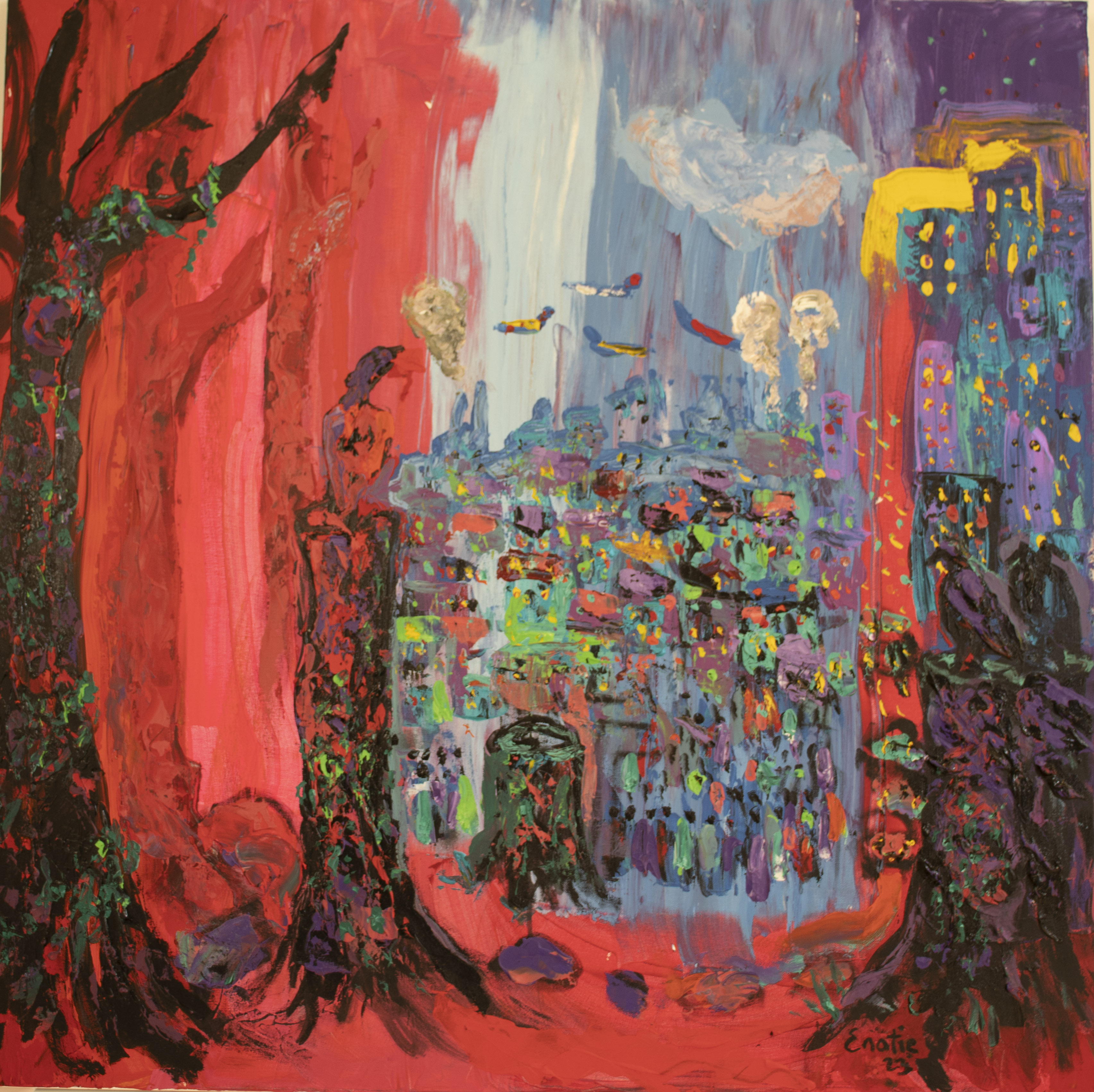 Painting with red backgroun, trees cut down, and in the centre a city