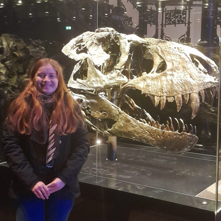 Woman standing in front of a T rex skull