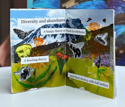 Inside a zine with collage and words diversity and abundance a happy dance or buzz to celebrate a feating frenzy and then dozing with full bellies