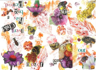 Opened zine with collage and title Every child has a bug period