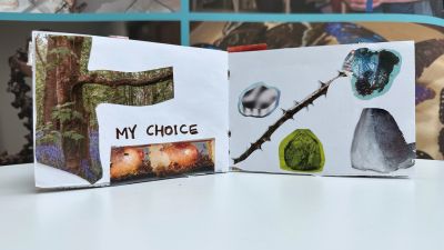 Inside a zine with collage of natural images and the words my choice