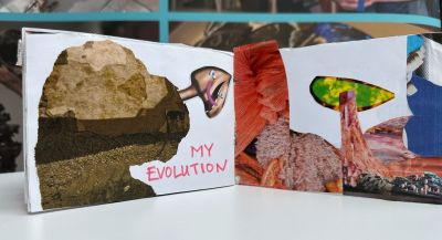 Inside a zine with collage of anstract images and words my evolution