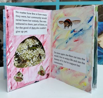 INside zine with story and multicoloured background with collage of insects