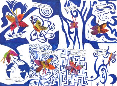 Opened zine of the last pollinator on earth with blue patterns and collage of insects