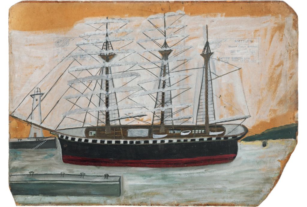 Painting 'Three-masted ship near lighthouse' bu Alfred Wallis