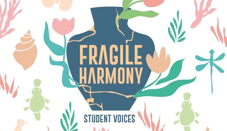 Logo made of a cracked vase with flowers with the title Fragile Harmony, surrounded by symbols of living things in delicate colours