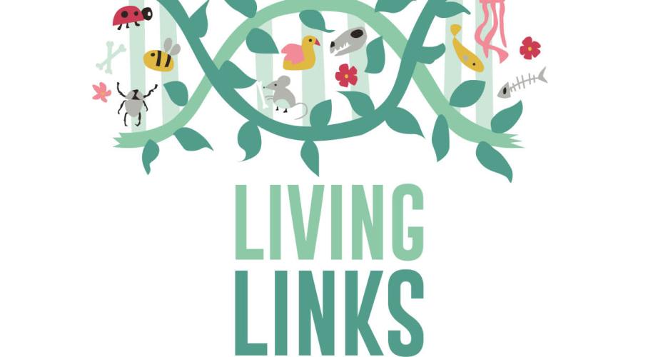 Logo made of a horizontal stand of DNA sprouting into green leaves populated with animal illustrations, with the words Living Links Student Voices beneath it in green capital letters