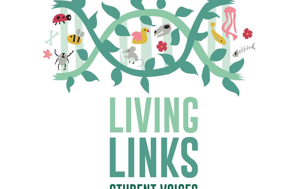 Logo made of a horizontal stand of DNA sprouting into green leaves populated with animal illustrations, with the words Living Links Student Voices beneath it in green capital letters