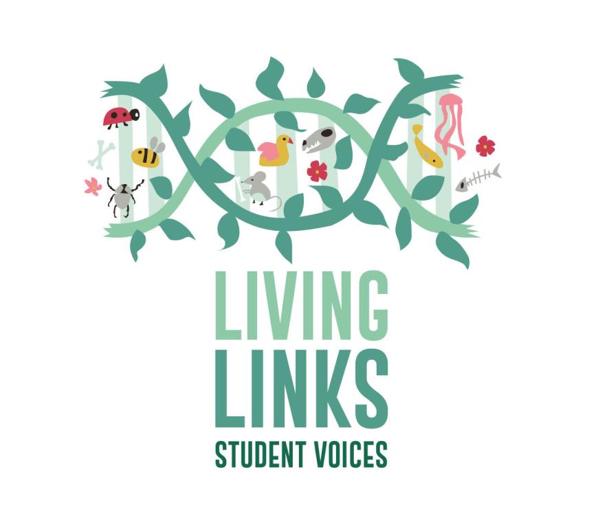 Logo made of a horizontal stand of DNA sprouting into green leaves populated with animal illustrations, with the words Living Links Student Voices beneath it in green capital letters