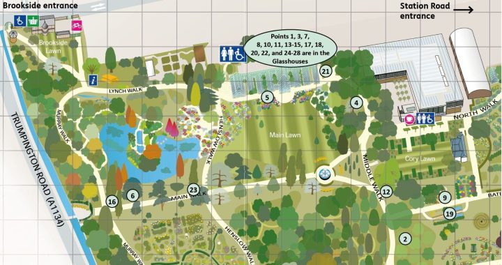 Colour map of the Cambridge University Botanic Garden, showing the major features of the Garden and with numbers highlighting the locations of the different plants featured in this trail